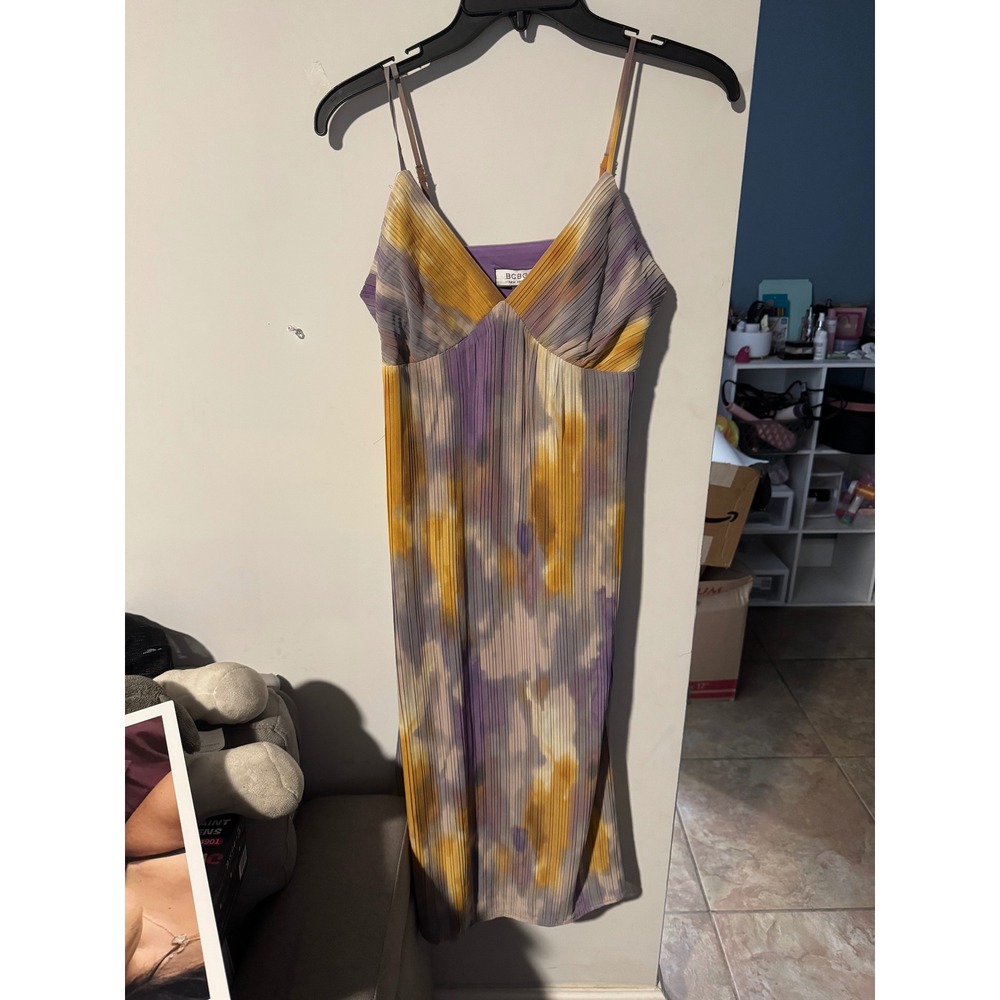 BCBG New York Womens XS Pleated Midi Dress Abstract Purple Yellow  V-Neck